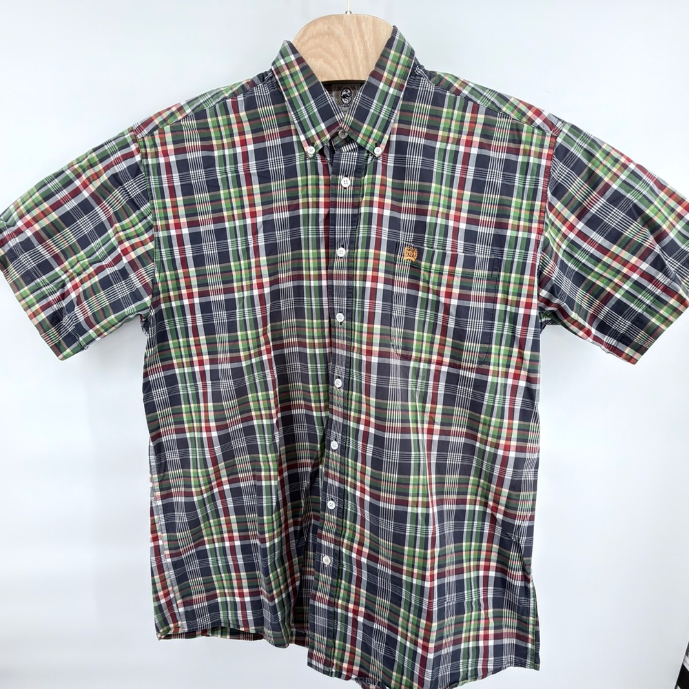 Cinch Western Shirt Mens Large Plaid Short Sleeve Button Down Green Navy Red